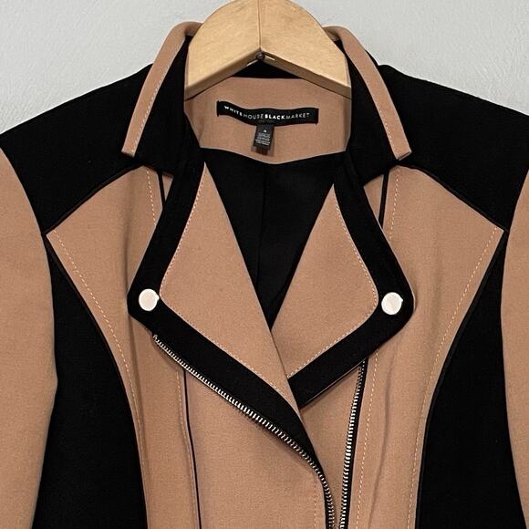 WHBM Jacket Size 4 Tan Black Moto Zip Blazer Office Siren Preppy Avant Garde - Picture 3 of 14